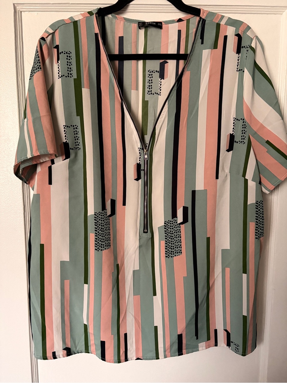 SHEIN Pink, Green & White Short-Sleeve Zip Front Blouse